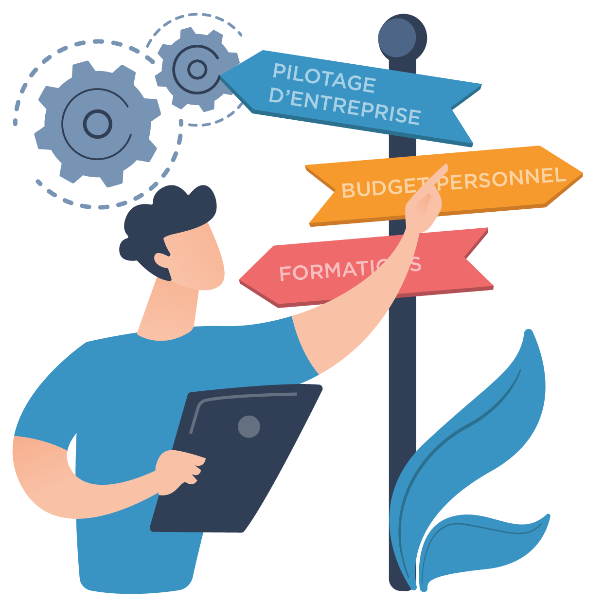 Illustration de la page d'accueil de Armor Conseils TPE montrant un homme qui présente différentes direction d'accompagnement : le pilotage d'entreprise, le budget personnel et la formation.